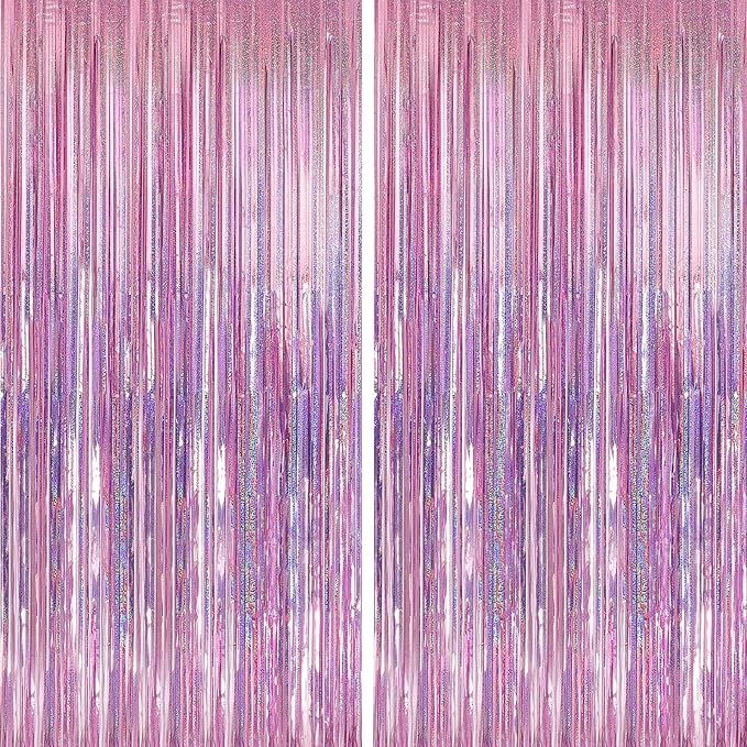 Crosize 2 Pack 3.3 x 9.9 ft Pink Foil Fringe Backdrop Curtain, Streamer by Crosize