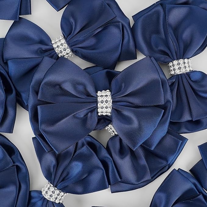 Navy Satin Bows 4'' Premade Blue Ribbon Bow, Gift Bows - Image 4