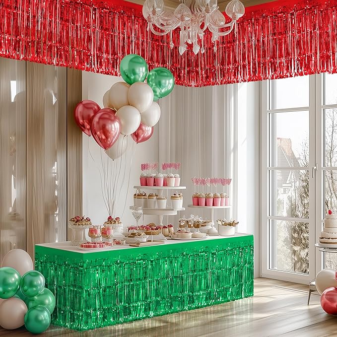 2 Pack Red Green Table Skirts, 29x108" Metallic Foil Tinsel Fringe Table Skirt - Image 7