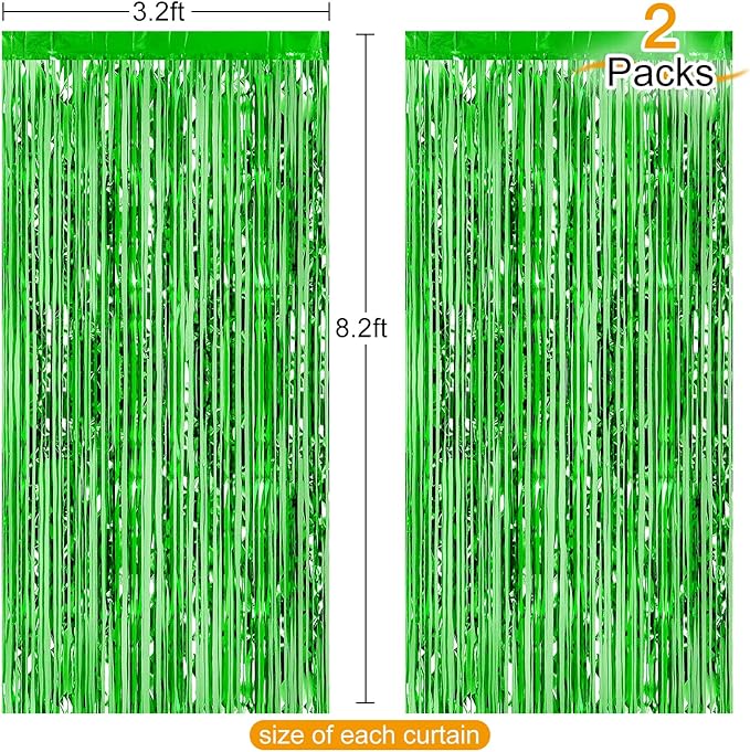 CHRORINE 2pcs 3ft x 8.3ft Green Tinsel Foil Fringe Curtains Streamers Backdrop - Image 2