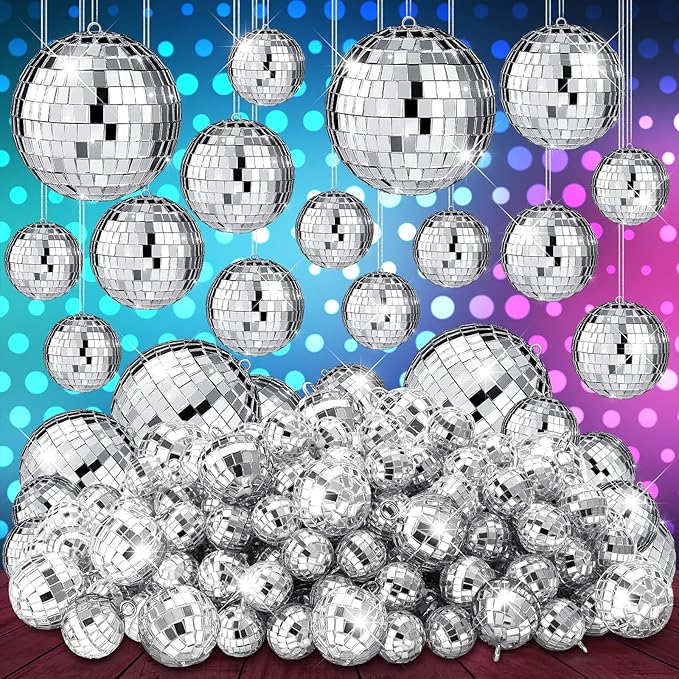 Funtery 100 Pcs Mirror Disco Balls Bulk Assorted Silver Hanging Disco Ball Decor by Funtery