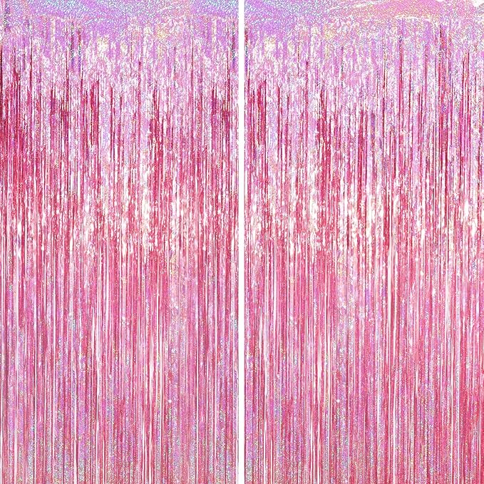 2 Pack Laser Pink Tinsel Foil Fringe Curtains, Mothers Day Pink Decorations by Voircoloria