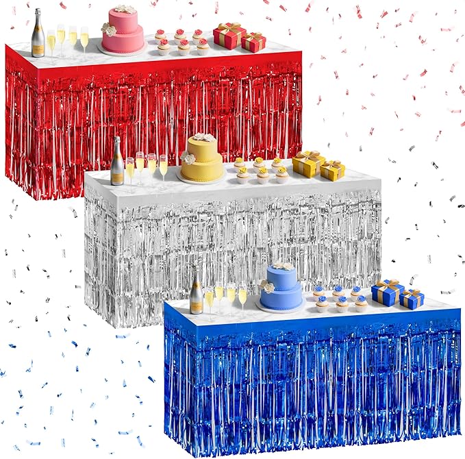 3 Pack Red Dark Blue Silver Table Skirts, 29x108" Metallic Foil Tinsel Fringe by Unknown
