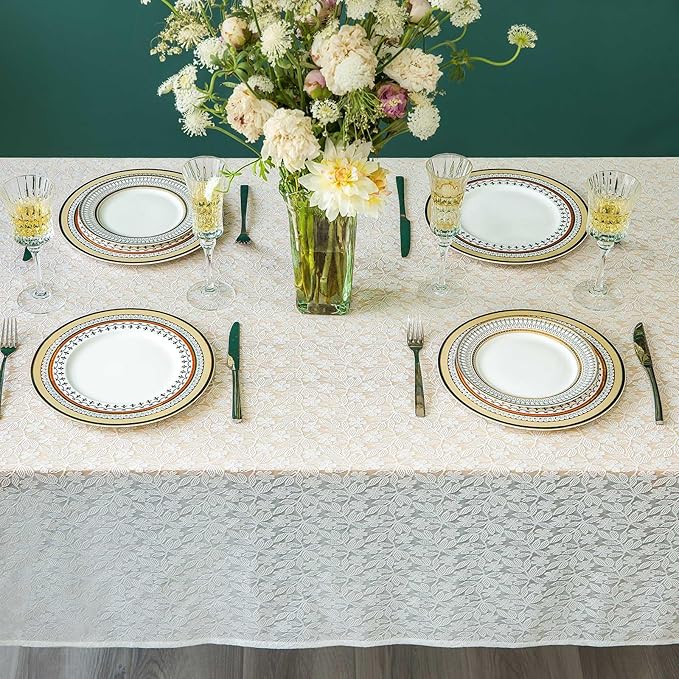 Lace Tablecloth Leaf Pattern Warp Knitting Fabric Solid White Rectangle/Oblong - Image 6