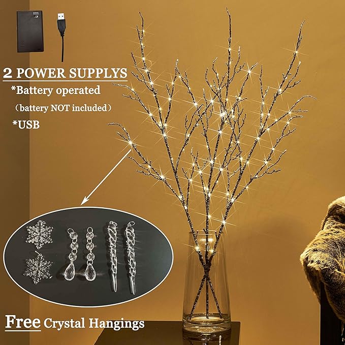 Hairui Lighted Willow Branches Silver Glittered 32IN 120 LED Fairy Lights - Image 3