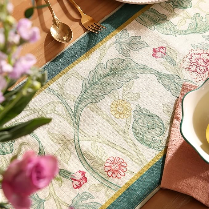 patdrea Designer Green Floral Extra Long Table Runner, French Elegant Vibrant - Image 3
