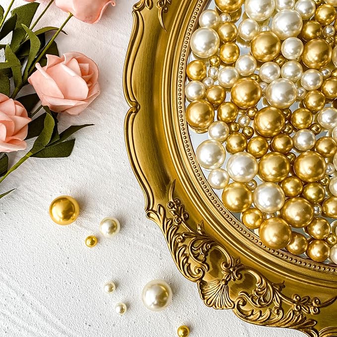 180PCS Cream Gold Beads for Centerpieces Vases, No Hole Polished Pearl Makeup - Image 5