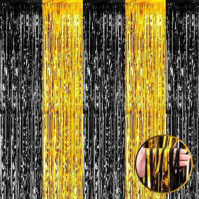 4 Pack Black Gold Foil Fringe Curtain Backdrop, 3.28Ft x 8.2Ft Metallic Tinsel by Unknown