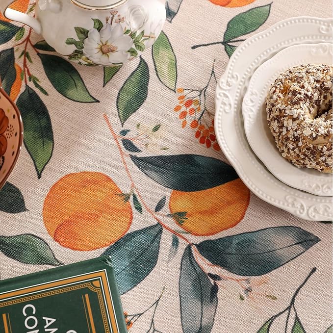 patdrea Designer Linen Small Round Table Cloth, Vintage Framhouse Oranges and - Image 3