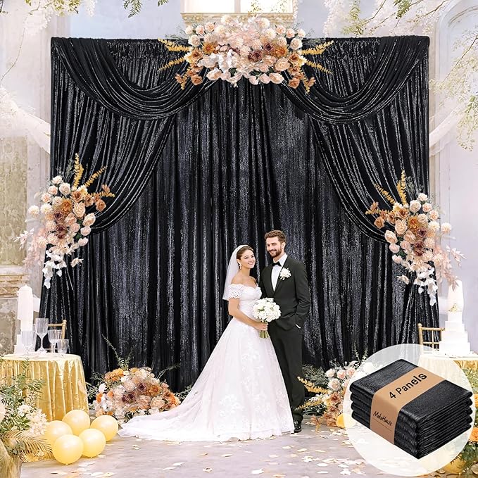 Black Backdrop for Parties 4 Panels 4.8x8FT Sequin Curtains Backdrop Drapes by MoKoHouse