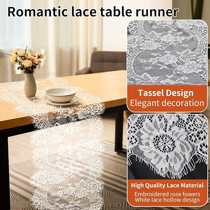 HAIBAS 6 Pcs White Lace Table Runners 14 x 120 Inch Boho Rose Embroidered - Image 2