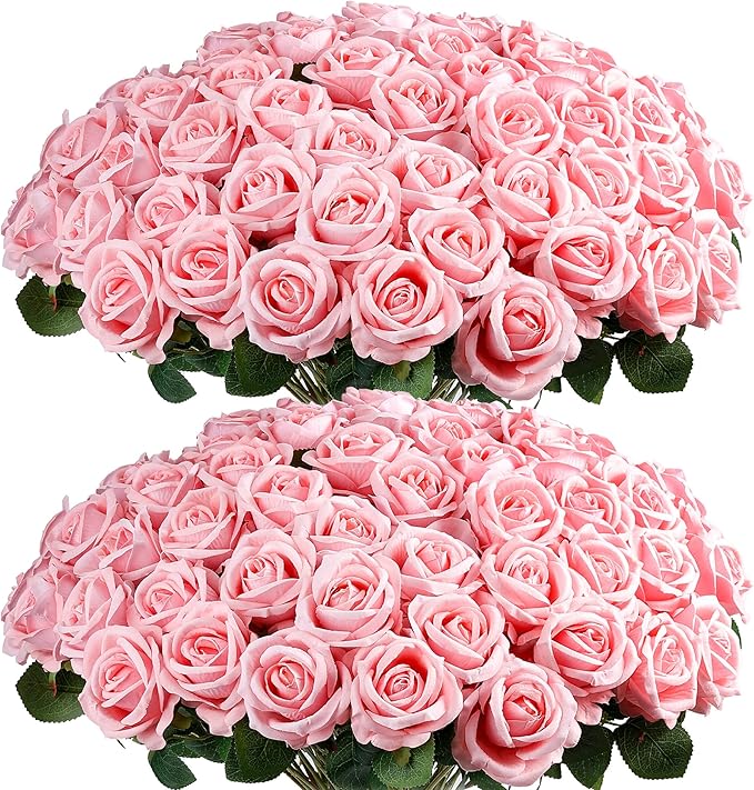 Auihiay 60PCS Pink Roses, Artificial Roses, Velvet Silk Fake Roses, Realistic by Auihiay