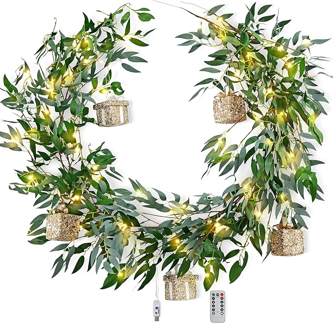 Artificial Willow Garland with Lights & Ornaments – 2-Pack Lighted Greenery Vine by FiveSeasonStuff