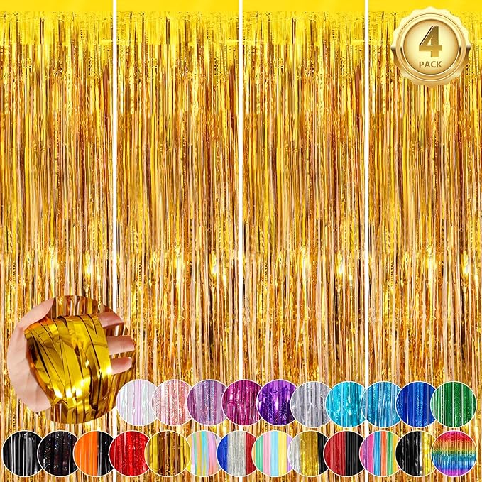 Gold Metallic Tinsel Foil Fringe Curtains, 4 Pack 3.3x8.3 Feet Party Streamer by NUWDHP