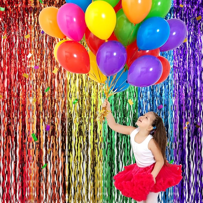 2 Pack 3.3X6.6Ft Rainbow Wavy Foil Fringe Curtains Backdrop Decorations - Image 5