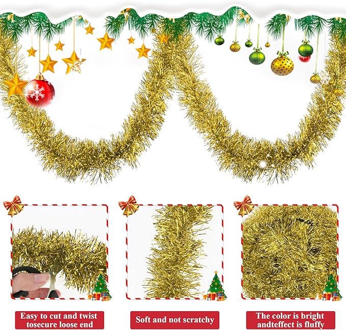 32.8 Ft Gold Christmas Tinsel Garland Metallic Shiny Tassle Banner Wall Hanging - Image 3