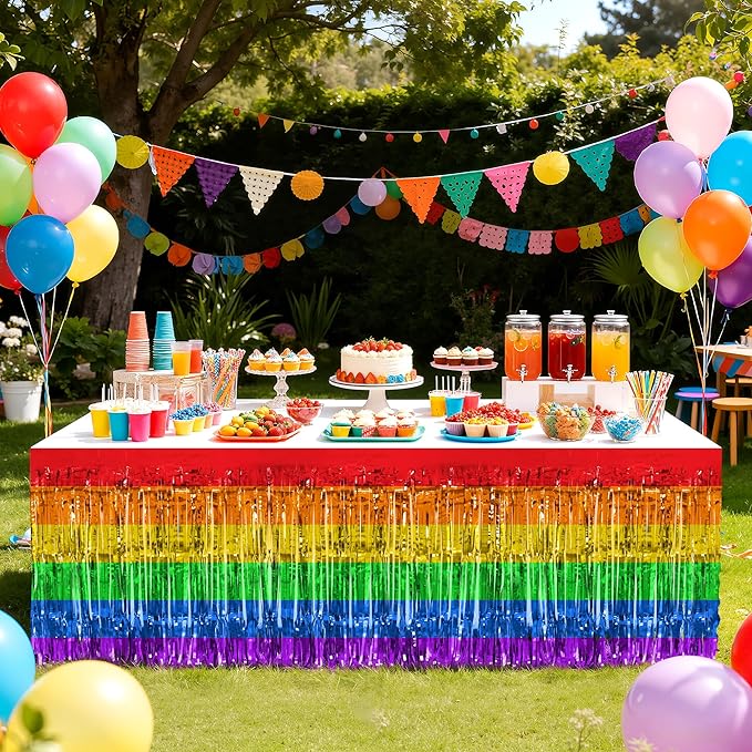 2 Pack Rainbow Table Skirts, 29x108" Metallic Foil Tinsel Fringe Table Skirts - Image 2
