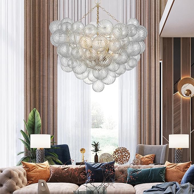Nordic Bubble Ball Swirled Glass Chandelier, Dia 36 inch Gild Gold and Clear - Image 4