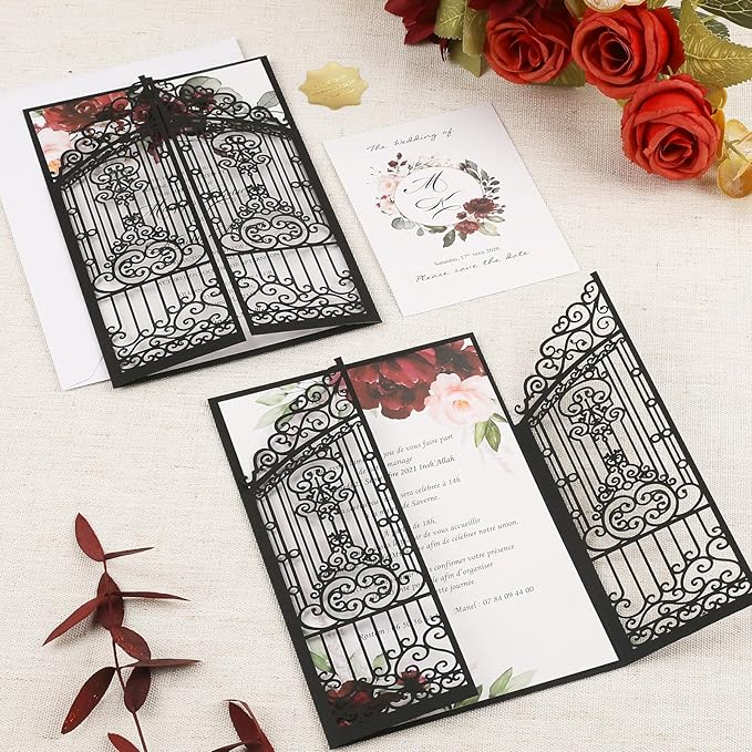 50Pcs Wedding Invitation Kit Black Fences Fold Laser Cut Invitation Pocket - Image 7