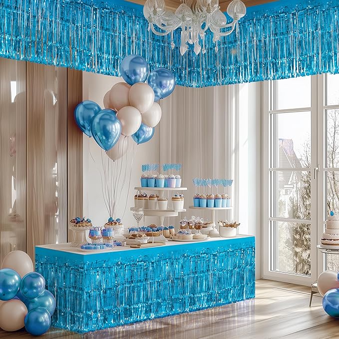 1 Pack Lake Blue Table Skirts, 29x108" Metallic Foil Tinsel Fringe Table Skirts - Image 7