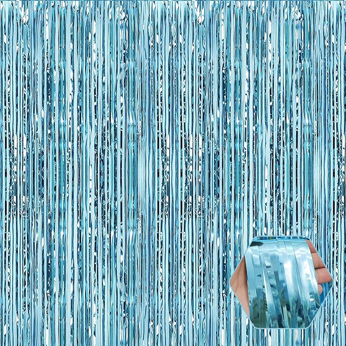 6 Pack Light Blue Foil Fringe Curtain Backdrop, 3.28Ft x 8.2Ft Metallic Tinsel by Ferwzsr