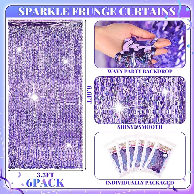 Jutom 6 Pieces 3.3 x 6.6 ft Wavy Tinsel Foil Fringe Curtains Foil Fringe - Image 2