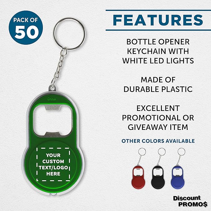 DISCOUNT PROMOS Custom Bottle Opener & LED Keychains Set of 50, Personalized - Image 2