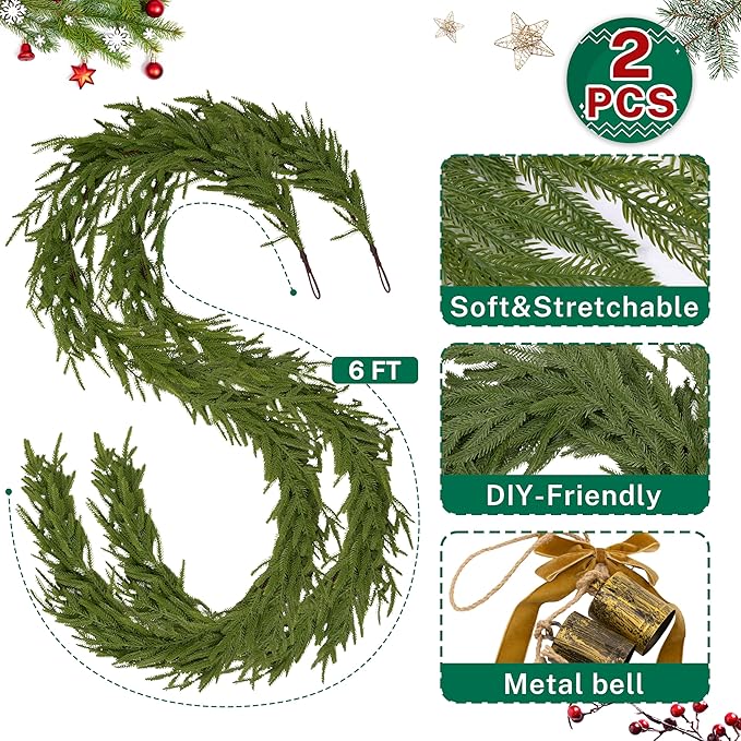 2 Pcs 6FT Christmas Garlands Norfolk Pine Garland - Image 2