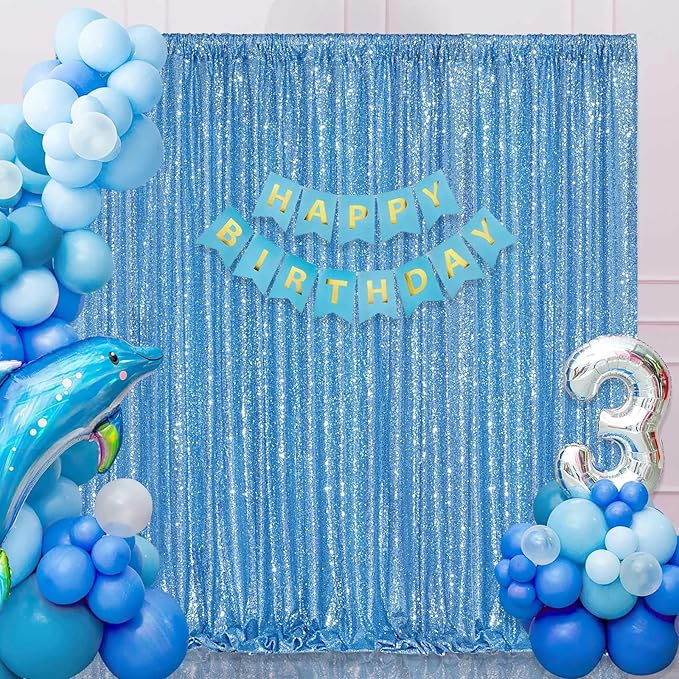 Baby Blue Sequin Backdrop Curtain 7ft x 7ft Glitter Photo Background - Image 2
