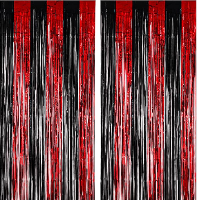 2 Pack 3.3x8.2 Feet Red and Black Foil Fringe Backdrop Curtains, Tinsel by Voircoloria