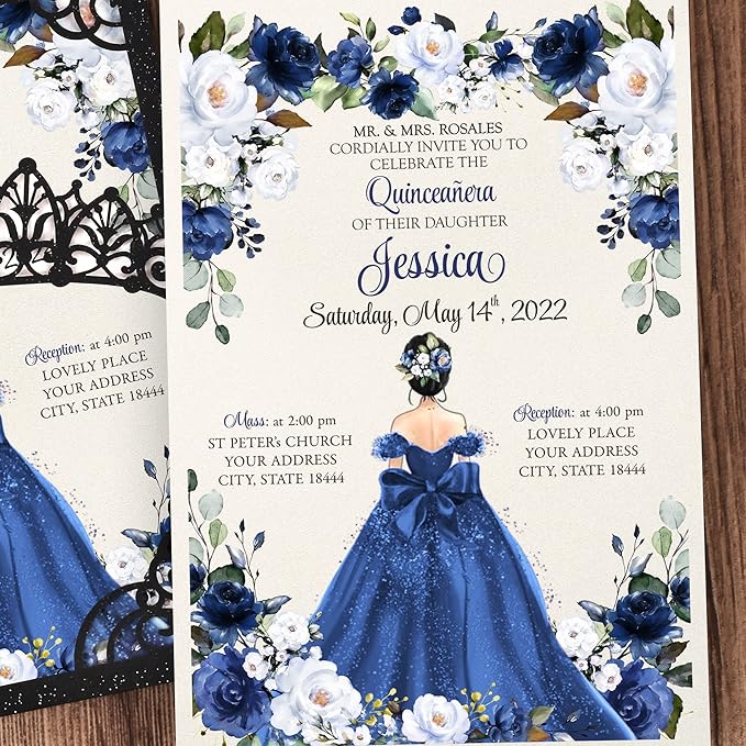 50Pcs Navy Blue Crown Invitations - Image 6