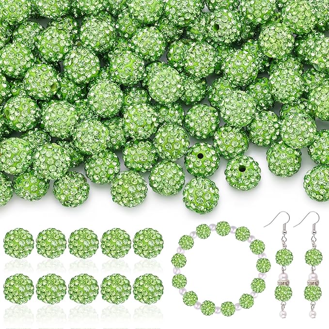 105pcs 10mm Rhinestone Beads for Jewelry Making, Light Green Shiny Round Disco by TINKRSTUFF
