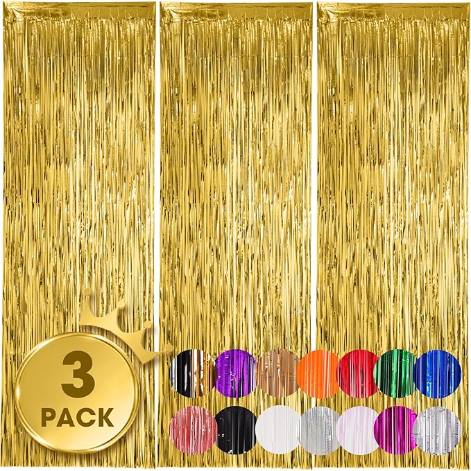 3 Pack 3.3x8.2 Feet Gold Foil Fringe Backdrop Curtains, Tinsel Streamers by Voircoloria