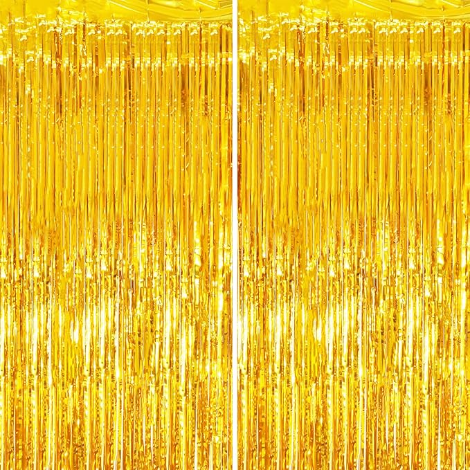 2 Pack Gold Tinsel Foil Fringe Curtains, Metallic Tinsel Party Streamers by Voircoloria