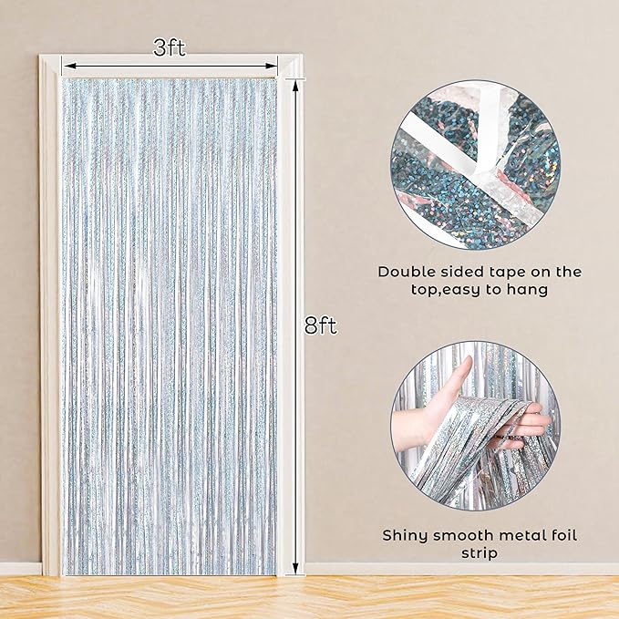 BTSD-home 10 Pack Laser Silver Foil Fringe Curtain Metallic Streamer Party - Image 2