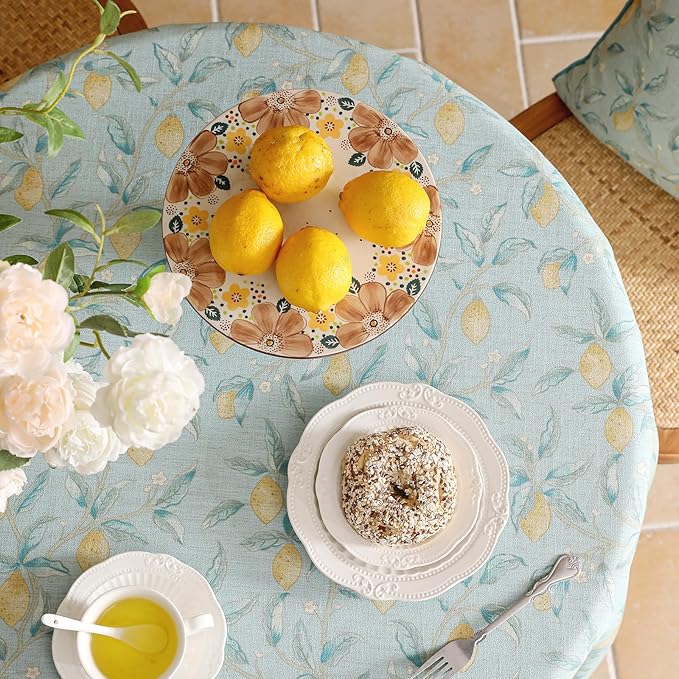 patdrea Designer Green Round Tablecloth, Vintage Linen Yellow Fruits Pattern - Image 4