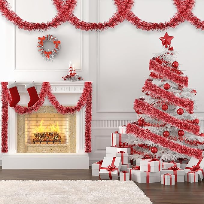 32.8 Ft Red Christmas Tinsel Garland Metallic Shiny Tassle Banner Wall Hanging - Image 5
