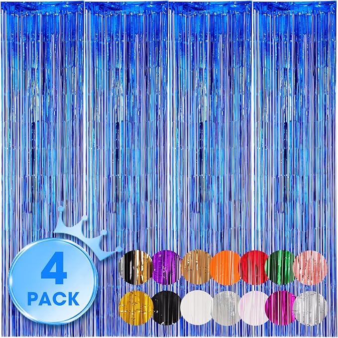 4 Pack Blue Foil Fringe Backdrop Curtains, Tinsel Streamers Birthday Party - Image 8