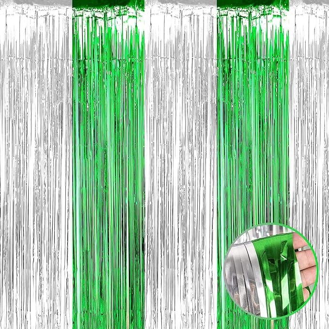 4 Pack Silver Green Foil Fringe Curtain Backdrop, 3.28Ft x 9.8Ft Metallic by Unknown