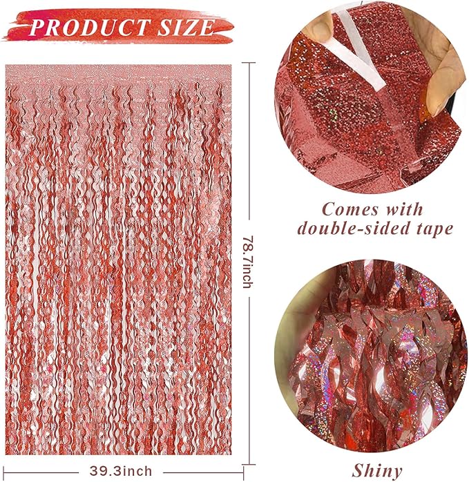 Rose Gold Tinsel Foil Fringe Curtains Wavy Backdrop - Image 2