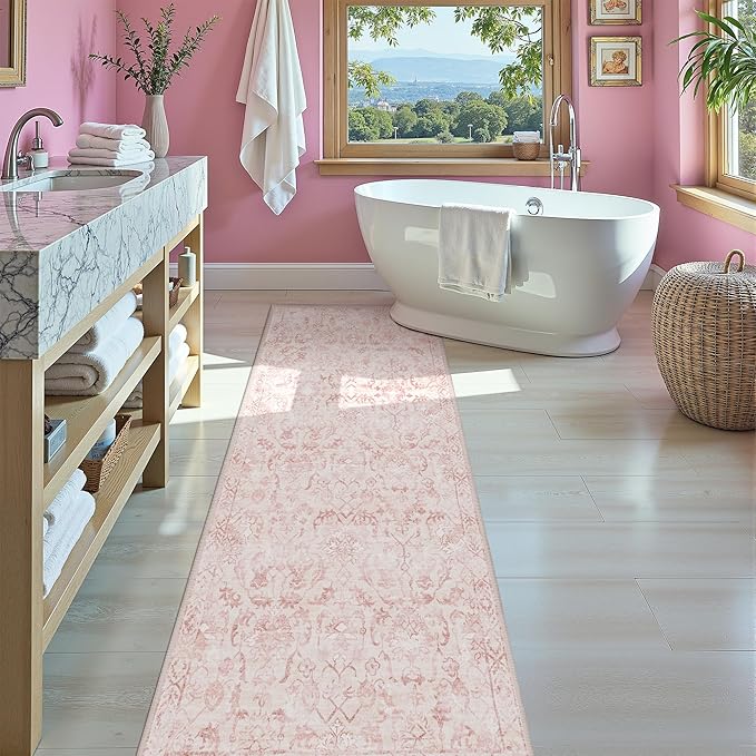Pink 3x7 Runner Rug for Hallways Bed Side Kitchen, Boho Washable Distressed by Deerly