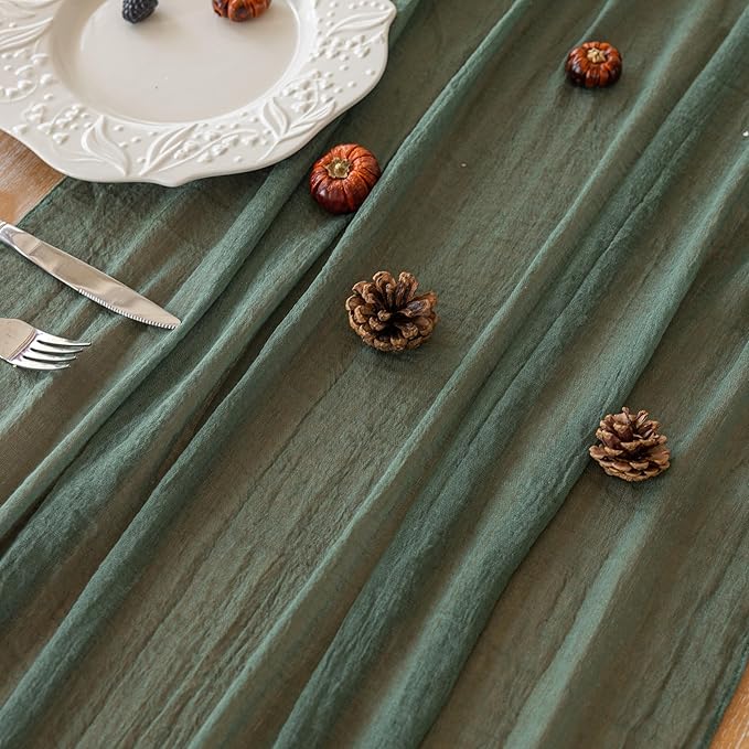 3Pcs Forest Green Gauze Rustic Cheesecloth Table Runner 120 Inch 10 FT - Image 4