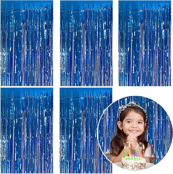 5 Pack Foil Curtain Backdrop Blue Metallic Tinsel Foil Fringe Curtains Photo by KEJ