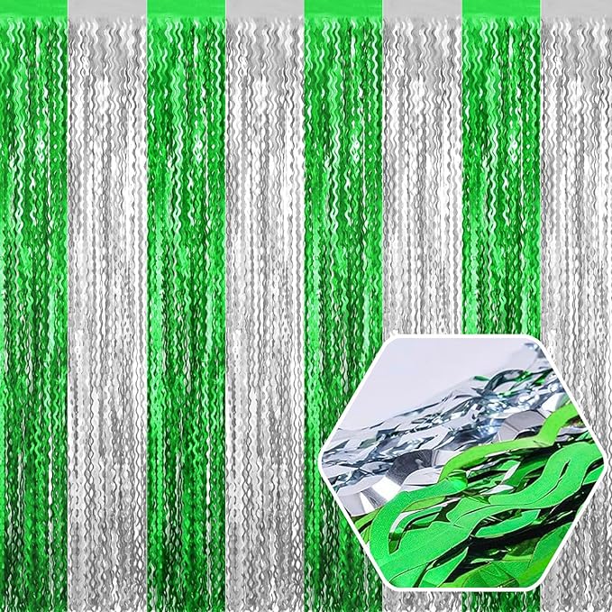 4 Pack Silver Green Wave Foil Fringe Curtain Backdrop, 3.28Ft x 8.2Ft Metallic by Ferwzsr