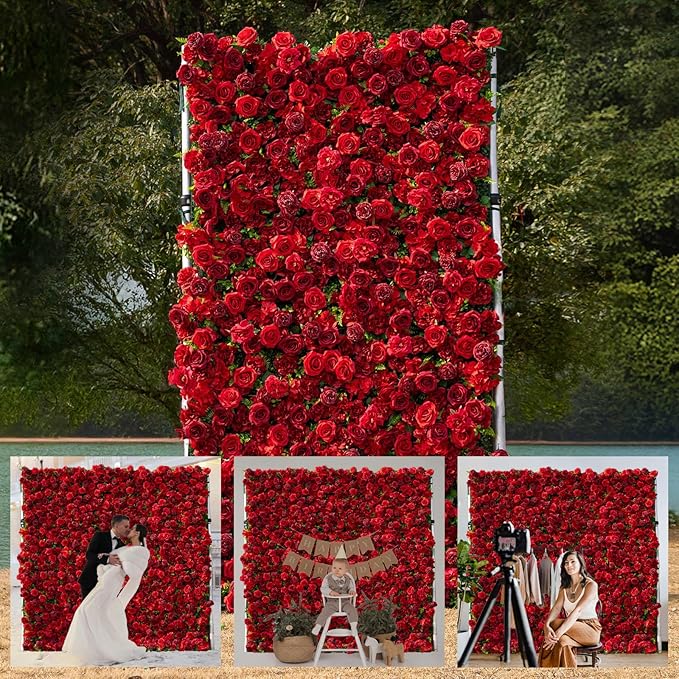 Artificial Flower Wall Panels, Luxury 5D Silk Red Rose Backdrop Decor by Unknown