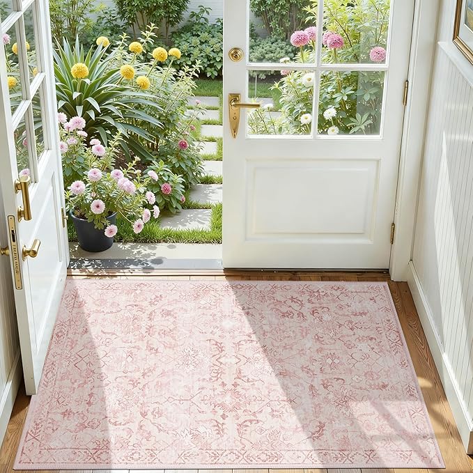 Pink Area Rug 2x3 Entryway Rug for Bedroom Bathroom, Non-Slip Low-Pile Washable by Deerly
