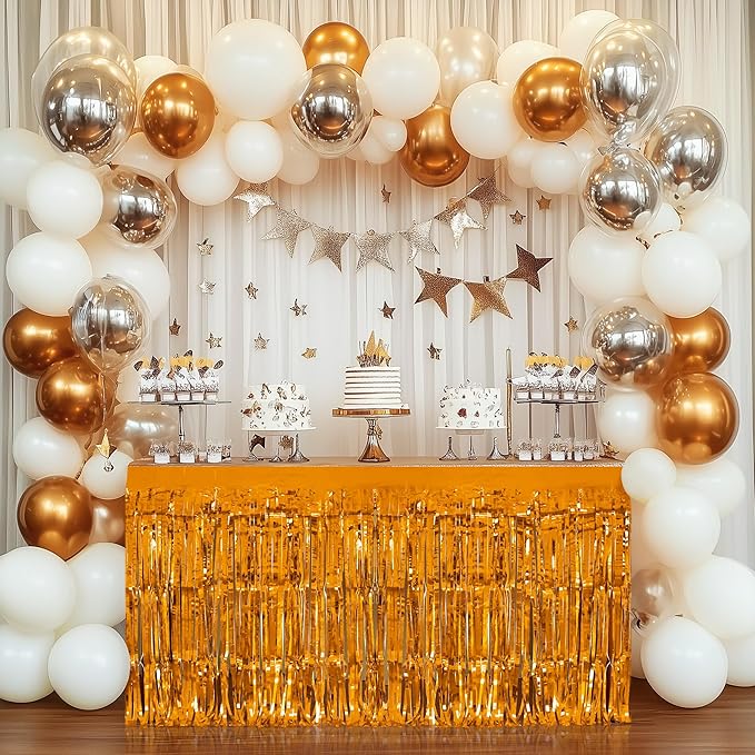 3 Pack Black Dark Purple Orange Table Skirts, 29x108" Metallic Foil Tinsel - Image 2
