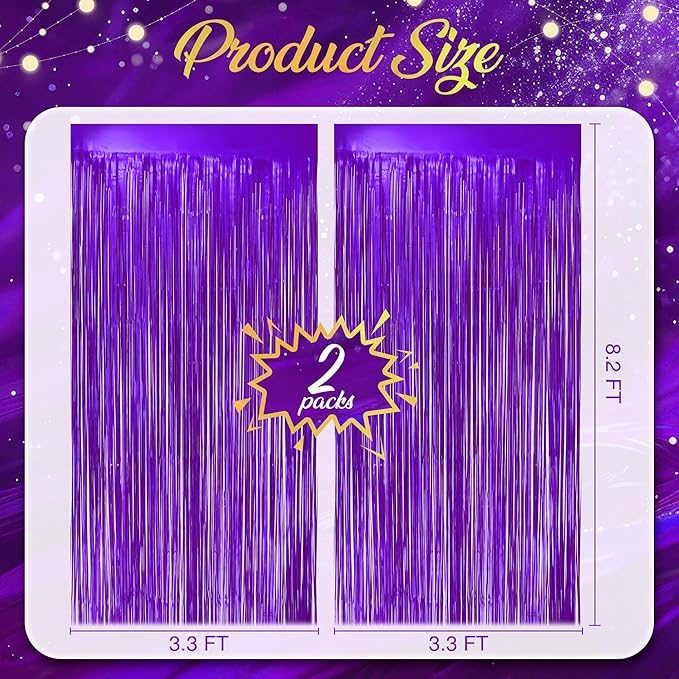 2 Pack Metallic Purple Fringe Backdrop, 3.2x8.2ft Shining Foil Tinsel Curtains - Image 4