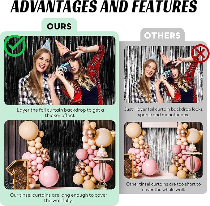 BTSD-home 4 Pack Black Foil Fringe Curtain Backdrop Metallic Photo Booth - Image 4