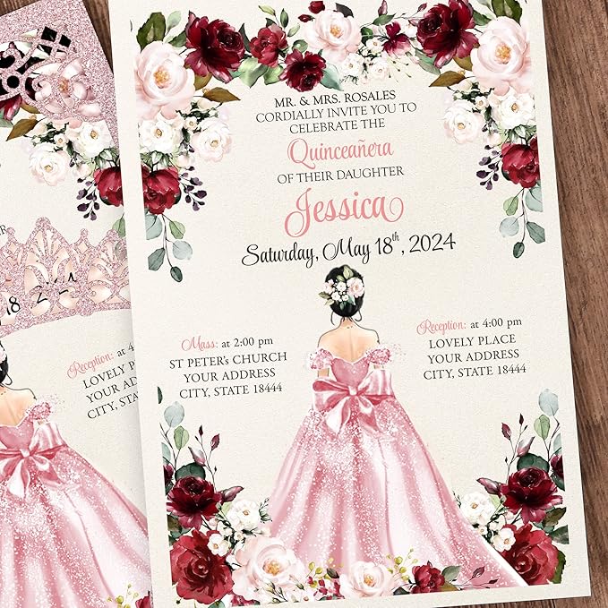 50Pcs Pink Crown Quinceanera Invitation Burgundy - Image 6
